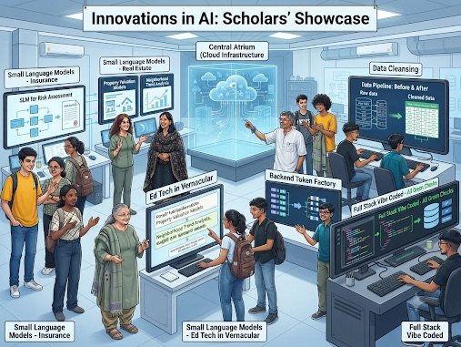 Charcoal sketch of TSEC scholars with faculty, thought bubbles reading Cloud Engineer, Data Analyst, AI/ML, Backend and Full Stack