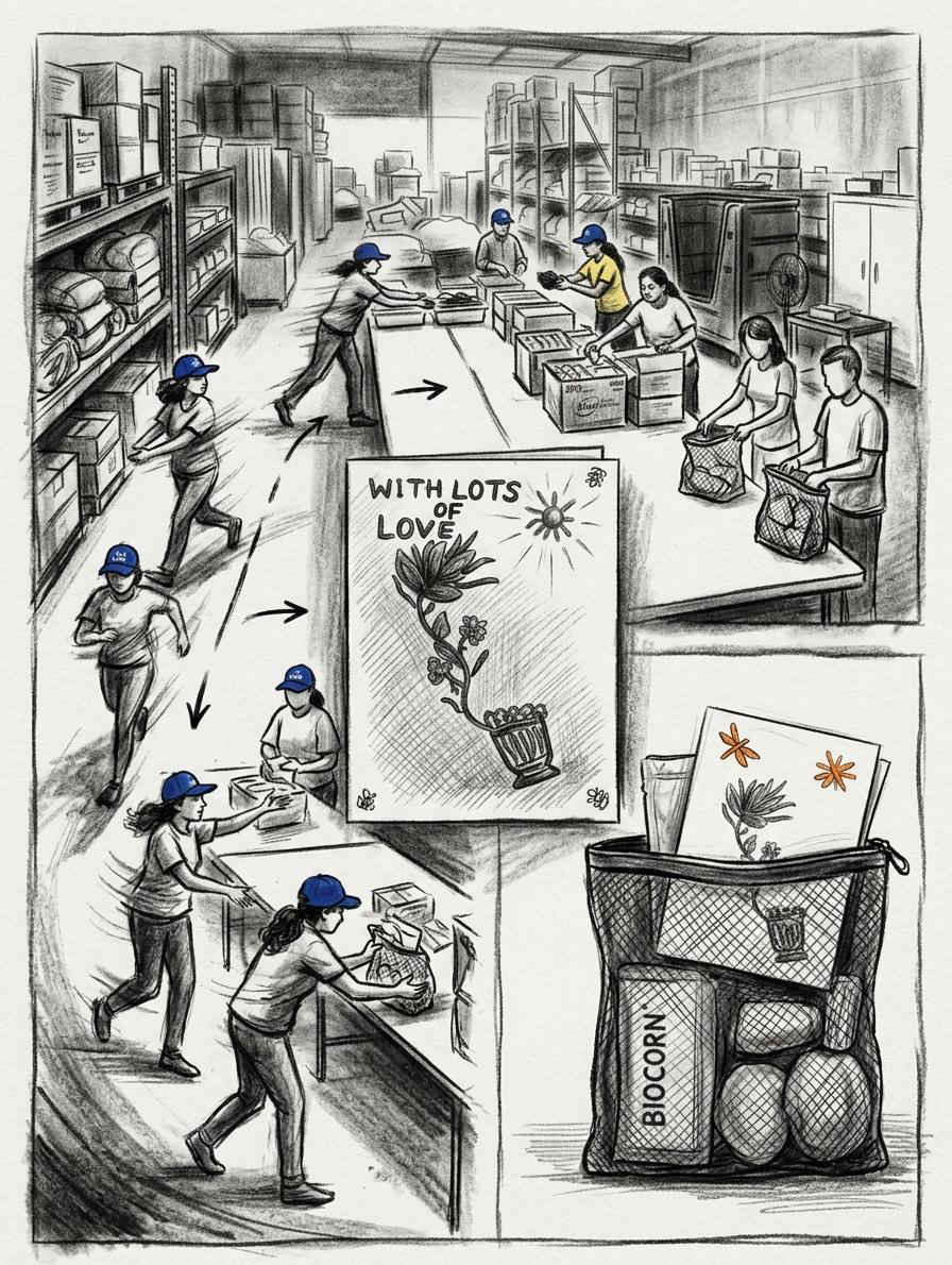 Illustrated sketch of the volunteer packing line and a finished kit