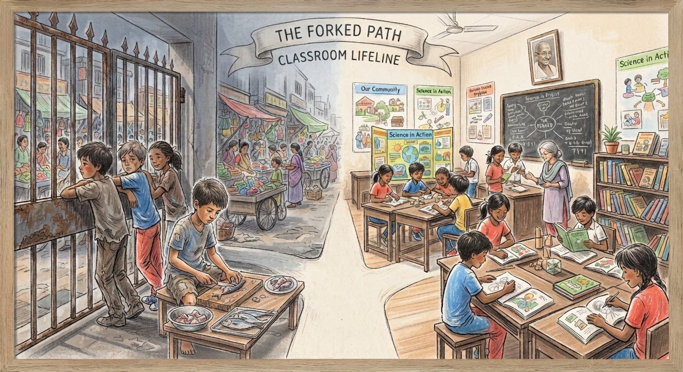 Illustration of a forked path: children working in a street market on one side, learning in a bright classroom on the other