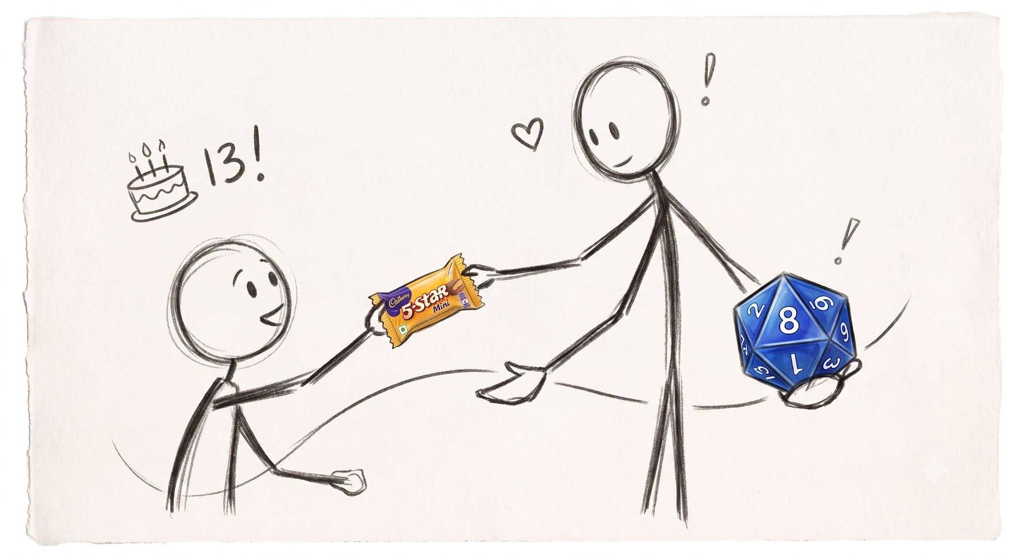 Sketch of a boy with a birthday cake marked 13 handing a chocolate bar to a tall adult