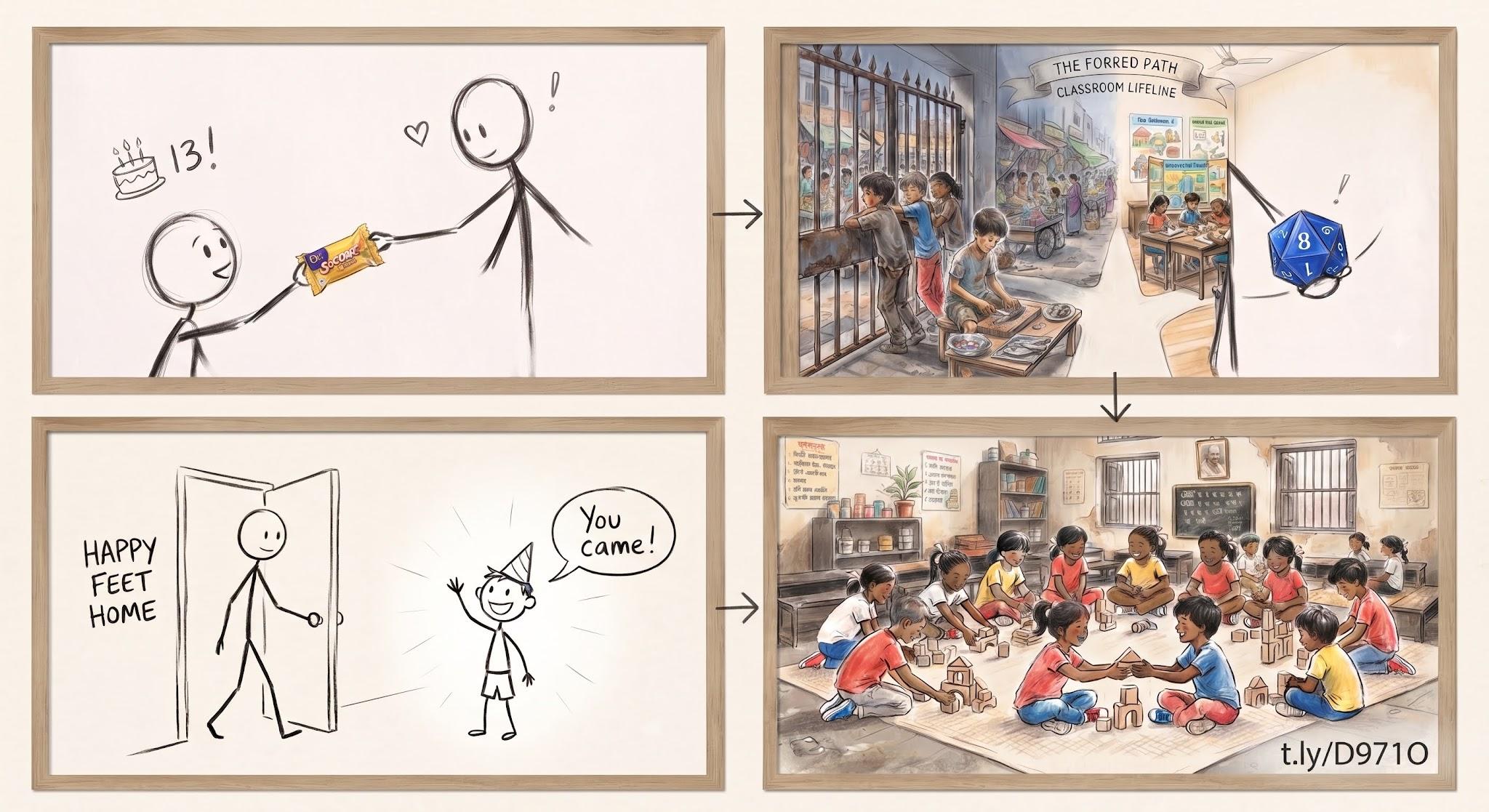 Four-panel sketch storyboard of the visit to Happy Feet Home