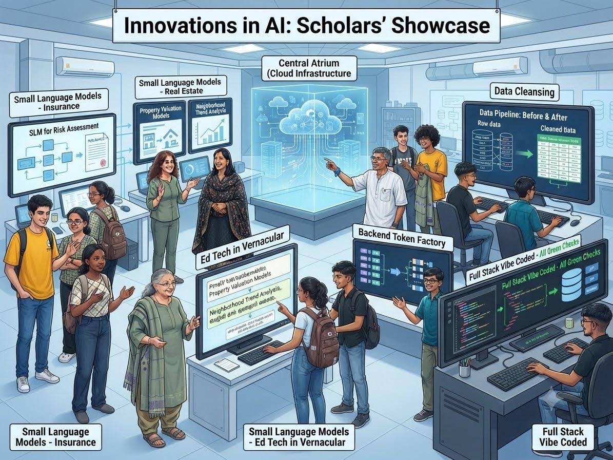 Illustration titled Innovations in AI: Scholars' Showcase