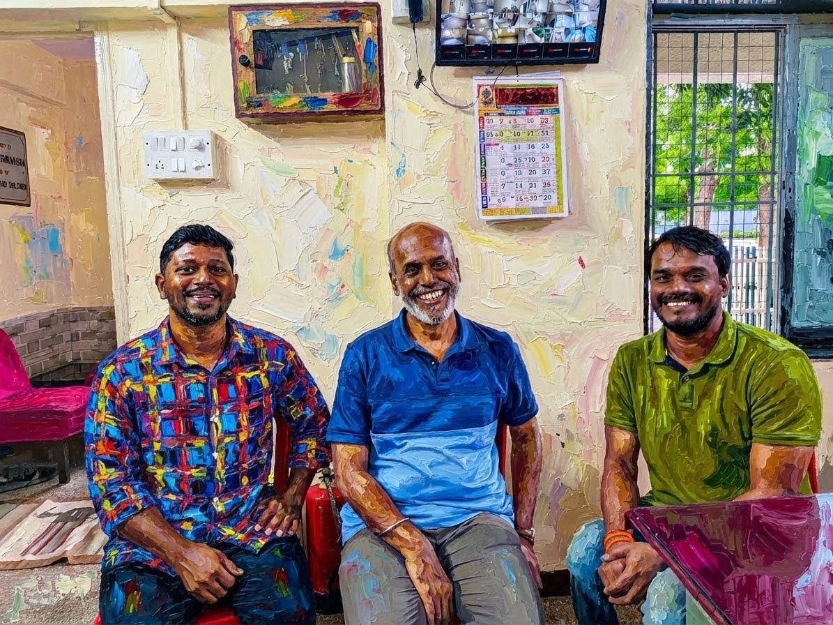 Three men seated together smiling at Tarun Sadan
